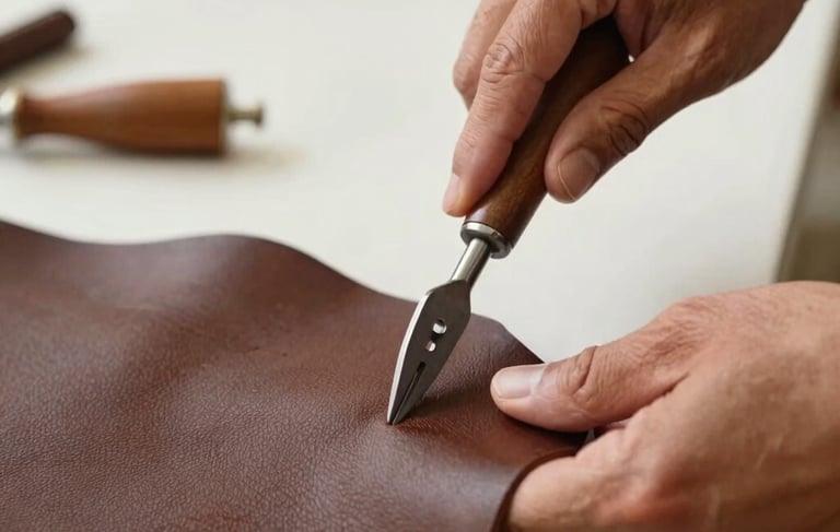A sophisticated close-up photograph of a South American / Brazilian leather artisan's hands at work in a bright Vacaria workshop. The artisan is using traditional metal tools on a piece of dark brown leather. The composition is clean and modern, with soft natural light hitting the textures of the leather. Palette includes medium brown and off-white tones.