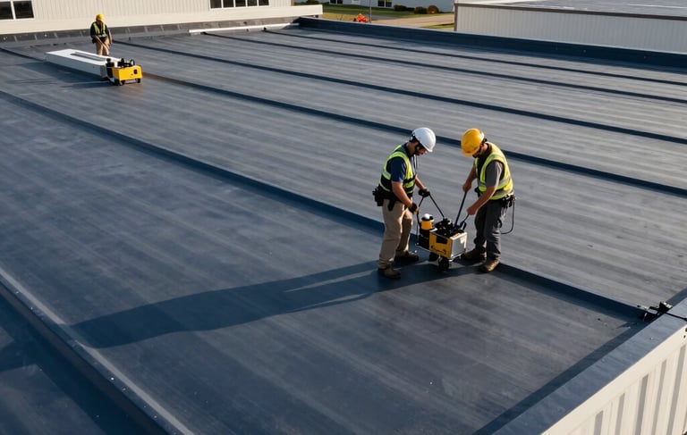 Industrial photography of a professional roofing crew inspecting a massive commercial flat roof on a sunny day in North American / US. The scene emphasizes durability and precision, featuring high-quality equipment and the clean lines of a modern warehouse. Colors are predominantly dark blue, gray, and off-white.