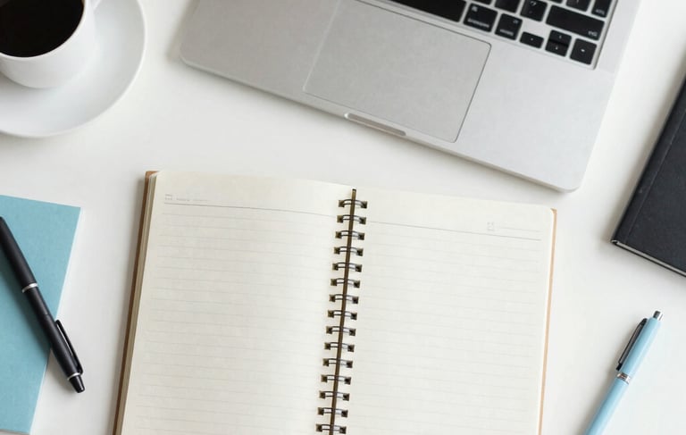A top-down professional photograph of a minimalist white desk with a laptop, a notebook, and a coffee cup. Soft natural light illuminates the space. Accents of soft blue and light gray are present in the stationery. The style is modern and clean, capturing a Spanish-speaking / Global corporate atmosphere.