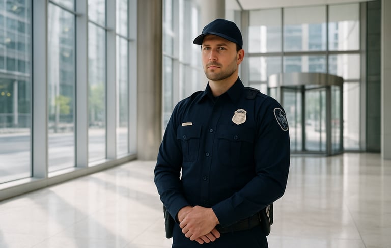 A professional security officer in a clean navy blue uniform standing post in the lobby of a high-end corporate skyscraper in a North American / US city. The scene is bright and airy with floor-to-ceiling windows, white marble floors, and silver accents. The composition is clean and focused, reflecting a trustworthy and serious atmosphere.