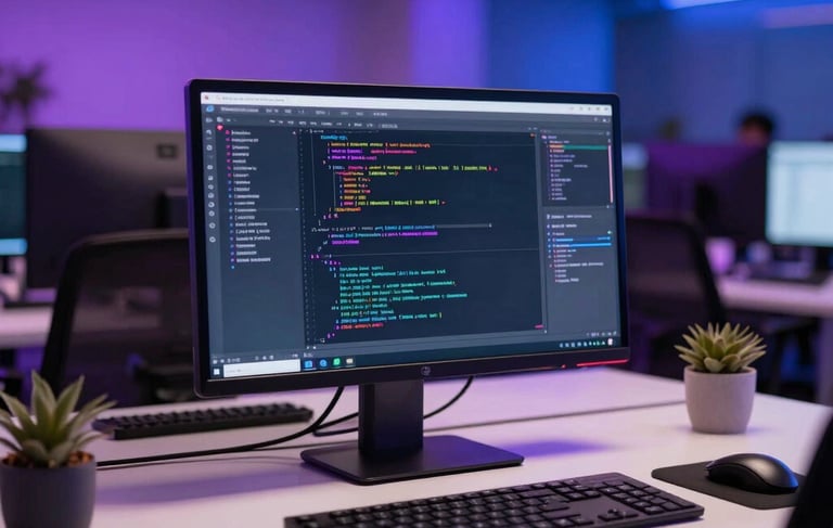 A modern tech startup office setting in Paris, focusing on a clean desk with a computer displaying code and digital interface wireframes. Dynamic, professional atmosphere with subtle vibrant purple and deep blue neon lighting accents. European / French context.