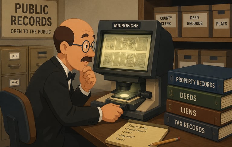 A man researches property records and deeds using a microfiche machine in a public records office.