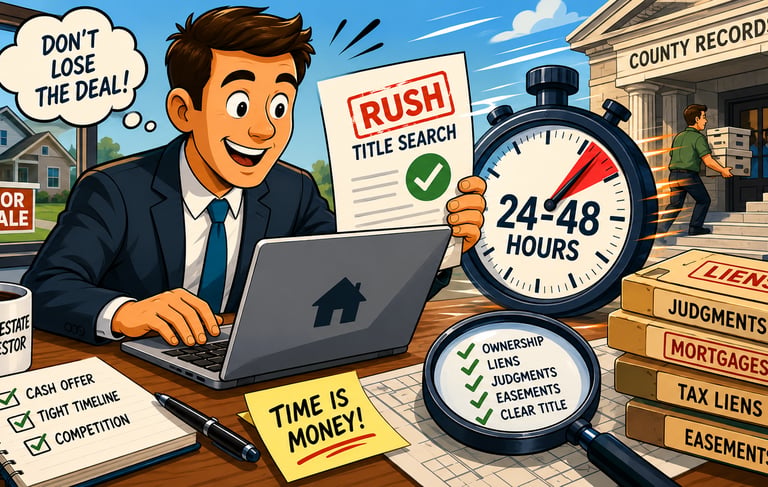 Real estate investor performing a rush property title search for liens and mortgages near a county records building.