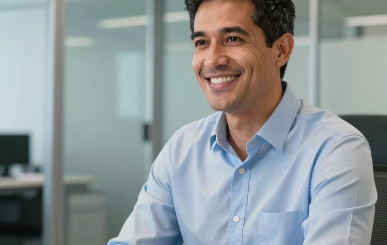 A close-up photograph of a professional South American advisor smiling while working in a modern, light blue and silver office setting with clean glass partitions and steel blue accents, conveying trust and transparency.