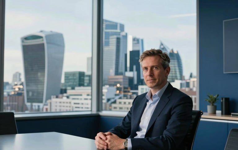 A sharp, professional photograph of a Western European / British trade specialist sitting at a sleek boardroom table in a London office. In the background, floor-to-ceiling windows overlook the iconic City of London skyline during a clear morning. The setting is clean and sophisticated with steel blue and dark blue accents in the decor.