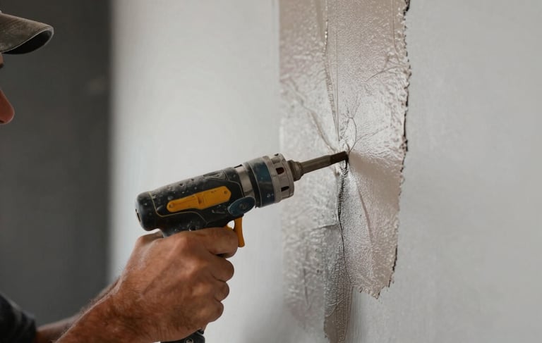 A professional South American / Brazilian construction scene focusing on high-end finishing. Close-up photograph of a craftsman's hands using a professional tool to apply a smooth taupe-colored architectural finish to a clean modern wall. The lighting is soft and natural, emphasizing precision and trust. Palette includes light gray and near black accents in the background.