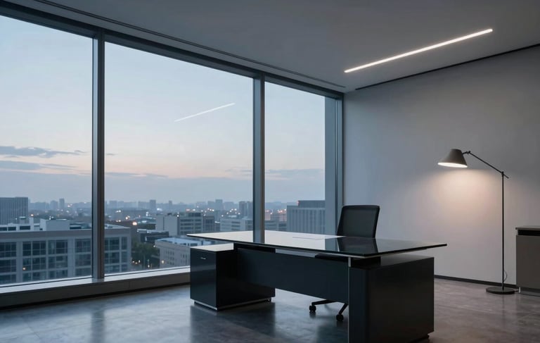 A sharp, wide-angle photograph of a modern North American office interior at dusk. A sleek dark navy glass desk reflects the soft slate blue evening sky from a floor-to-ceiling window. Minimalist light grey decor and a single architectural lamp provide sophisticated lighting. The atmosphere is professional, quiet, and stable.