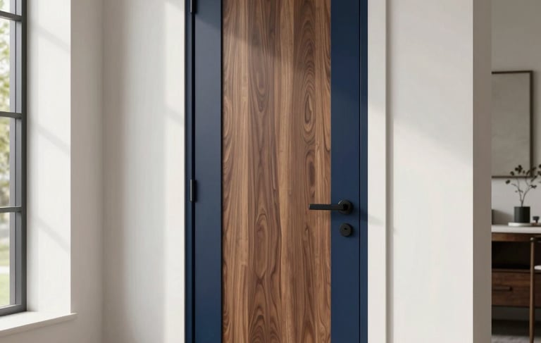 High-end modern walnut wood door with clean lines and a matte black handle, installed in a contemporary North American home entryway, soft natural morning light, architectural photography style, sophisticated and minimal composition using navy blue and platinum color palette.