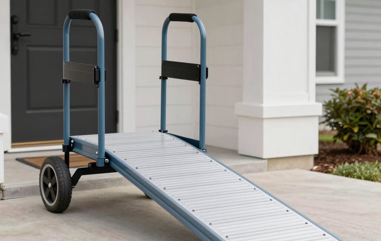 A professional, high-quality photograph of a modern aluminum mobility ramp installed at a North American suburban home entrance. The lighting is bright and clear, showcasing the clean lines and slate blue finishes of the equipment against soft off-white architecture. The scene feels reliable and welcoming.