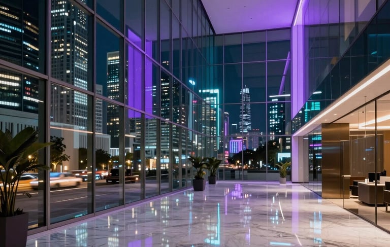 A high-end, futuristic office lobby in a modern South Asian business district. The scene features glassmorphism architecture, smooth marble floors reflecting neon purple and deep teal lighting. In the background, a blurred night view of a metropolitan Indian city with glowing skyscrapers. Sophisticated and luxury digital agency atmosphere.