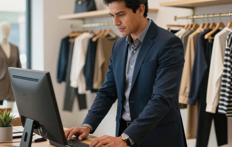 A high-quality photography of a Latinoamericano / Hispano business owner working in a modern clothing boutique. They are standing at a clean wooden counter, efficiently using a desktop computer system. The shop environment is organized and bright, with racks of stylish apparel in the soft-focus background. The scene features a color palette of dark blue and medium blue. Professional natural lighting, cinematic and trustworthy atmosphere.
