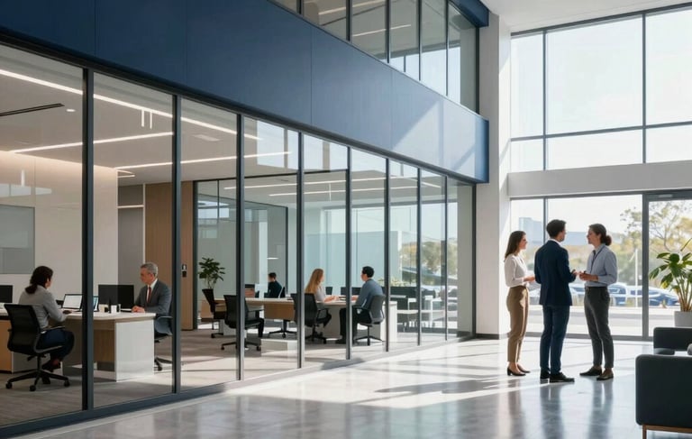 A wide-angle photography shot of a sleek, modern North American / US medical tech office lobby. The architecture features clean glass partitions and polished floors. The lighting is bright and natural, coming from large windows. The color palette includes deep navy and soft light blue accents. In the background, professional staff in business casual attire are engaged in conversation, reflecting a trustworthy and innovative healthcare technology environment.