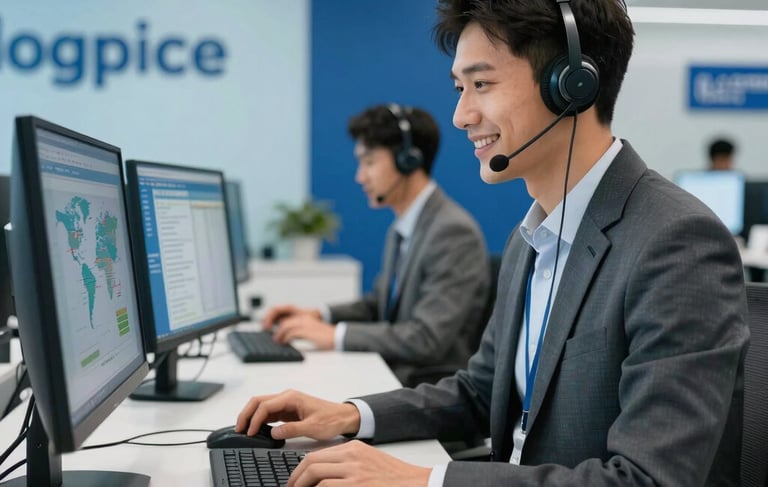 A bright, professional customer service center in an international business hub. A smiling logistics professional in corporate attire works at a clean desk with sleek monitors displaying global shipping routes. The interior has a modern aesthetic with light blue and dark blue brand colors. High-quality photography.