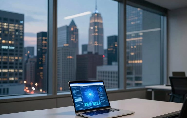 A clean, high-end North American office interior at dusk. A large glass window overlooks a lit city skyline. Inside, a minimalist desk features a sleek laptop displaying a blue-toned security interface. The atmosphere is professional and secure, using shades of dark gray and bright blue. Soft, efficient lighting creates a sense of high-tech trust.