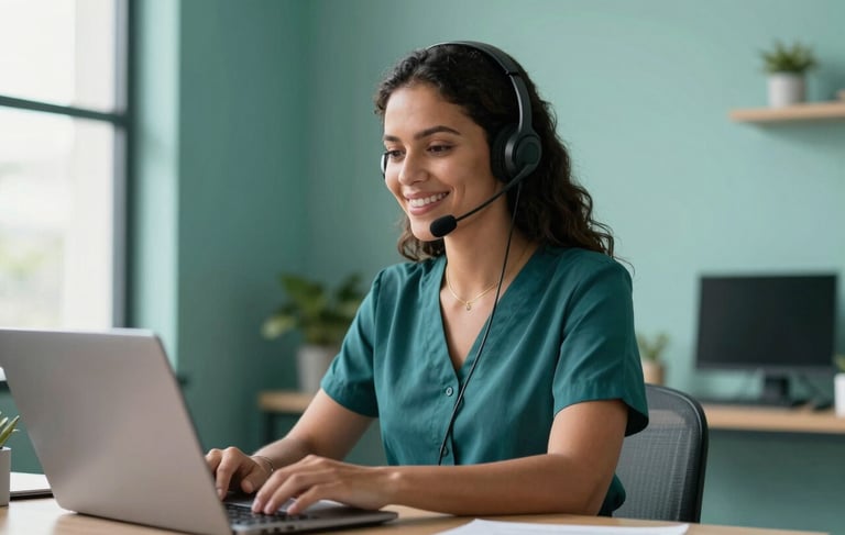 A professional South American / Brazilian woman with a headset, working as a virtual health assistant, smiling in a clean and modern office with deep teal and pale mint accents, soft morning light, photography style.