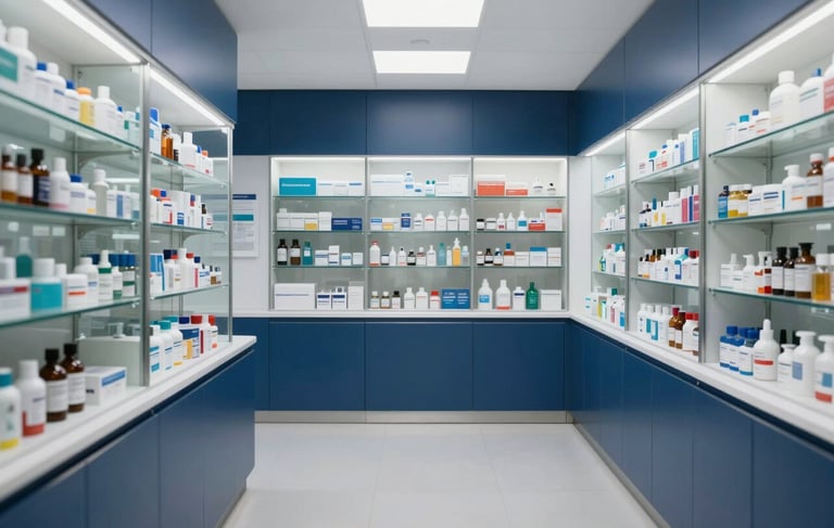 Interior of a modern, clinical German pharmacy or medical facility, professional and extremely clean. The lighting is bright and natural, reflecting off polished glass and steel blue surfaces. Central European setting. The composition shows deep navy blue accents, symbolizing hygiene and high standards, with no people present.
