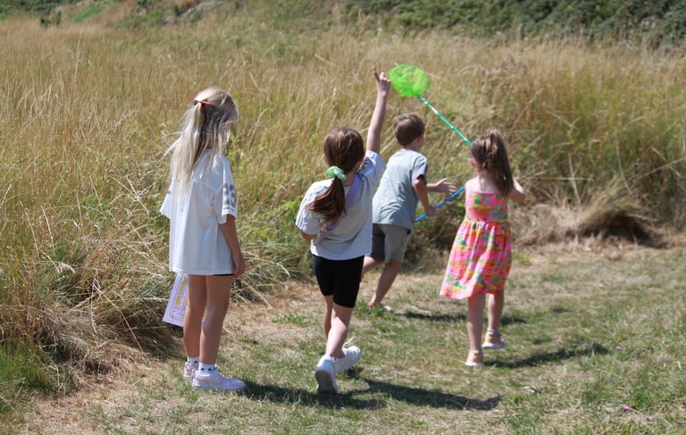 Children running through field with a butterfly net