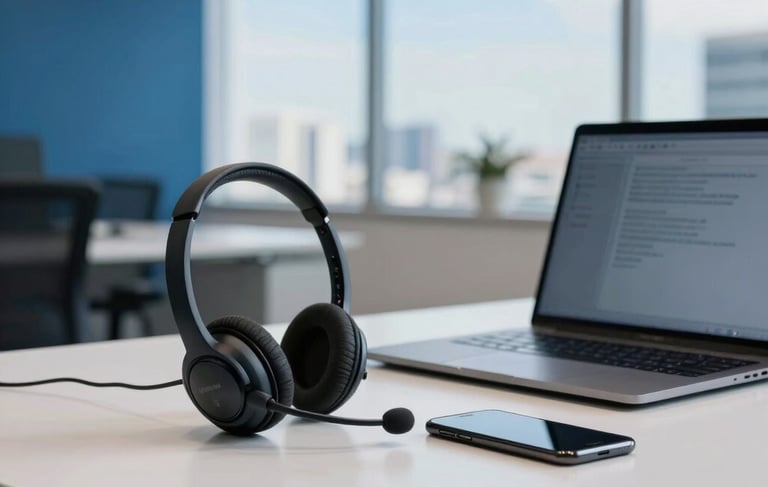 Photography of a modern and bright Brazilian corporate office workstation in São Paulo. A professional headset sits on a clean white desk next to a sleek laptop and a smartphone. The lighting is natural and airy, with deep blue and soft sky blue color accents in the office decor, conveying efficiency and modern technology.
