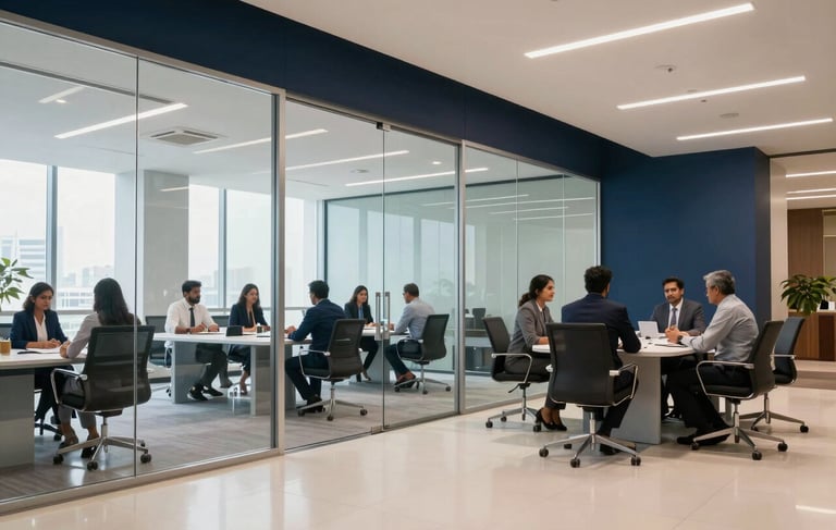 A professional wide-angle photograph of a modern corporate office interior in Bangalore, featuring glass walls and high-end furniture. In the background, South Asian legal professionals are engaged in a meeting. The lighting is bright and clean, incorporating tones of midnight navy blue and soft pearl white.