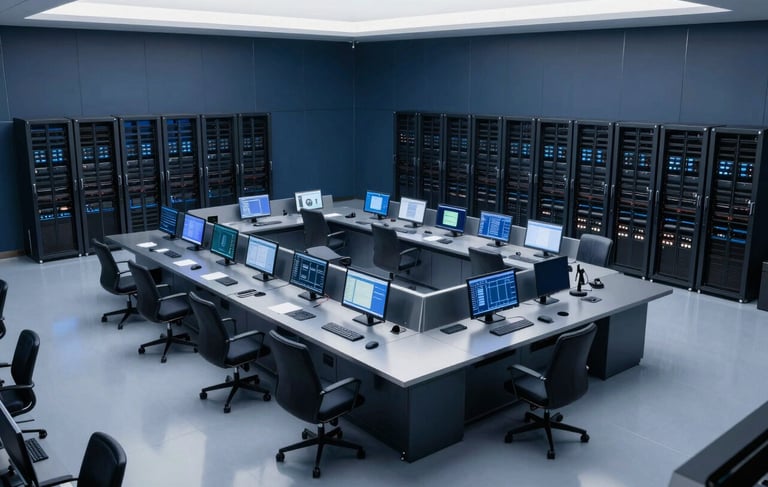Professional high-angle shot of a high-tech security operations center in a modern South American corporate building. Elegant dark blue and silver tones, clean lighting on server racks and monitoring screens in the background. Minimalist and premium aesthetic that conveys trust and advanced technology.