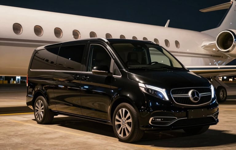 Cinematic night shot of a luxury black van with tinted windows, parked near a private jet terminal, warm runway lights reflecting on the chassis.