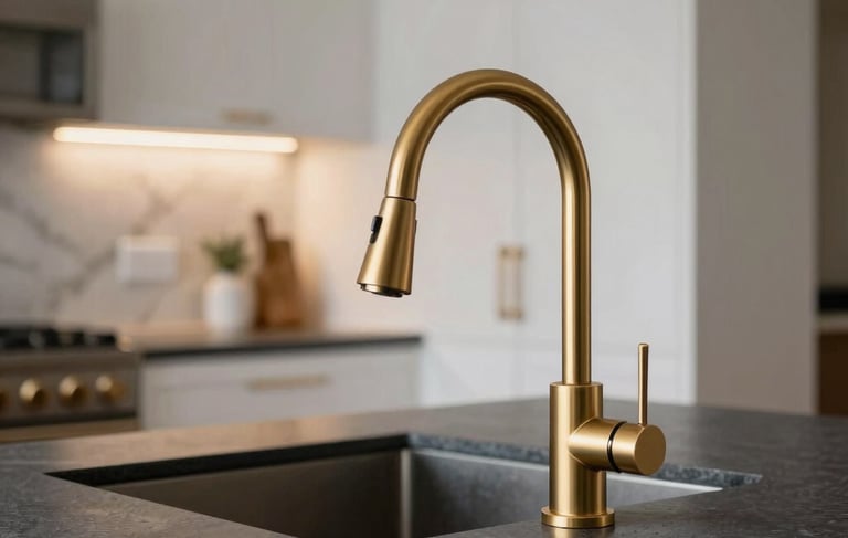 A sophisticated close-up of a modern kitchen renovation in Los Angeles. Focus on premium materials: a sleek charcoal gray countertop meeting a rich gold-finished designer faucet. In the blurred background, warm white cabinetry and elegant lighting create a luxury professional atmosphere. High-end architectural photography, North American / US - Los Angeles.