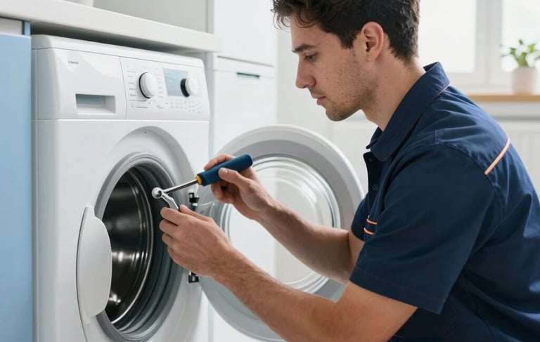A sharp professional photograph of a skilled technician in a dark blue uniform inspecting a modern white washing machine with professional tools in a bright, contemporary laundry room in Dubai Silicon Oasis. Clean, high-quality residential setting with soft daylighting and light blue accents.