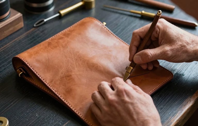 Close-up photography of a master craftsman's hands working on a premium leather handbag in a European studio. The setting features a dark navy wood workbench with professional brass tools. Soft morning light highlights the rich gold-tan texture of the leather. Sophisticated and artisanal atmosphere.