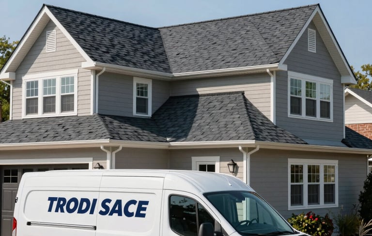 A professional photograph of a newly installed charcoal gray asphalt shingle roof on a beautiful two-story residential home in a North American New Jersey neighborhood. The sky is a clear light blue, and the bright afternoon sunlight highlights the texture and quality craftsmanship. A clean white service van with dark blue lettering is parked in the driveway, reflecting a clean, modern, and trustworthy roofing business.