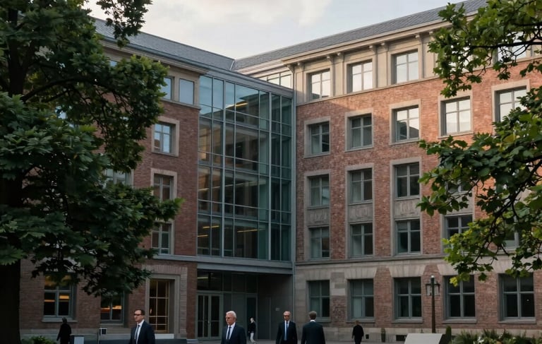 A high-quality photograph of a prestigious German university building featuring a mix of historic brickwork and modern glass panels. People in professional attire walk through a courtyard filled with deep forest green trees. The scene is illuminated by soft, natural morning light, creating an atmosphere of reliability and academic innovation. Central European / German setting.