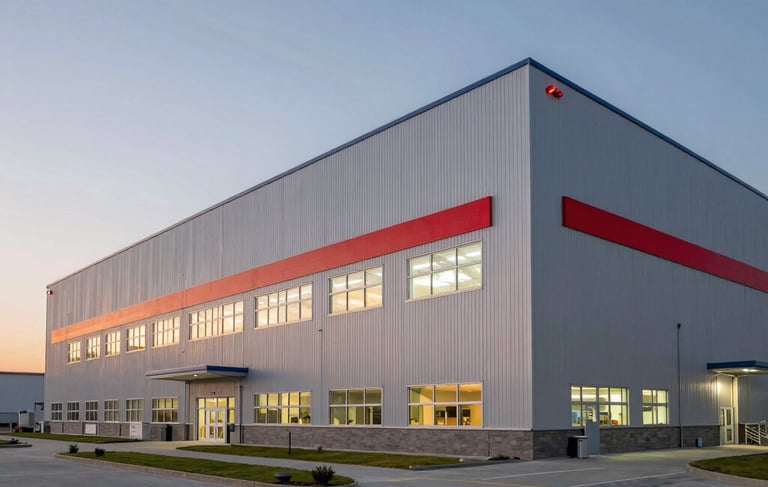 A sharp, professional wide shot of a modern industrial facility at dusk in North American, featuring clean architectural lines and subtle red accent lighting. The environment looks secure, professional, and sophisticated.