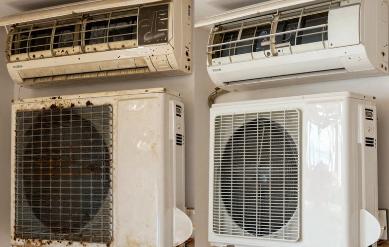 A professional split-screen comparison photography in a South American / Brazilian residential setting; the left side shows a dirty, dust-clogged air conditioner evaporator coil with dark grime, and the right side shows the same unit perfectly cleaned, white and sparkling, bright indoor lighting, emphasizing hygiene and maintenance.