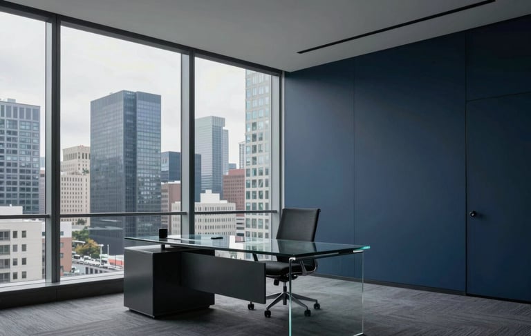 A high-end, minimalist North American corporate office interior with floor-to-ceiling windows overlooking a modern city skyline. The room features a clean glass desk, a designer chair, and soft natural lighting. The color palette emphasizes deep slate blues, navy, and muted grays, creating a sophisticated and professional atmosphere.