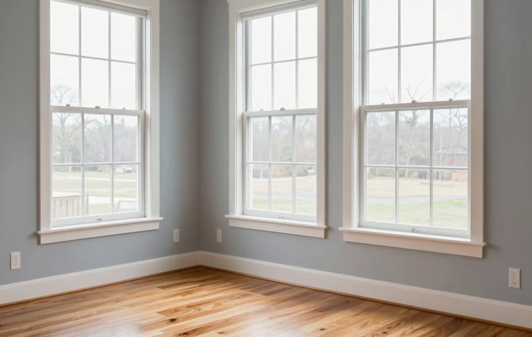 A crisp, professional photograph of a contemporary North American home interior showcasing polished hardwood flooring and sparkling clean windows. The room is filled with soft, natural light, highlighting the meticulous cleaning and home improvement work. The aesthetic is modern and efficient, featuring a light grey and slate blue color scheme.