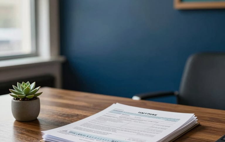 A warm and professional office lobby in a North American / US Hispanic neighborhood. The composition shows a wooden desk with a small succulent and a stack of clean tax forms. The lighting is soft and natural, coming from a window. The wall in the background is painted in a deep navy blue, with accents of muted teal in the decorative elements, projecting a trustworthy and calm atmosphere.