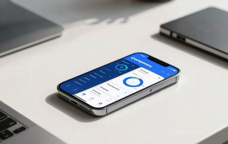 A professional European office setting in Paris with a minimalist desk, a high-end smartphone showcasing a sleek financial automation dashboard, soft morning light hitting white surfaces, clean aesthetic with blue and dark grey accents, premium photography.