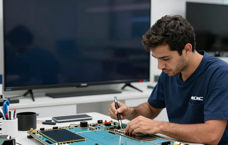 A professional technician working in a clean, modern electronics shop in the Middle Eastern / Gulf region of Dubai. The specialist is repairing a large smart television screen using precision tools. The lighting is professional and clear, with a palette featuring navy, ice blue, and gold accents. Wide shot, authentic workshop setting.