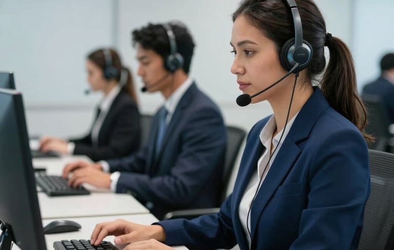 Professional South American Brazilian call center office with modern workstations, sleek headsets, and professional lighting. A clean and efficient atmosphere reflecting high-quality service, with a color palette of navy blue and pale blue, photography style.