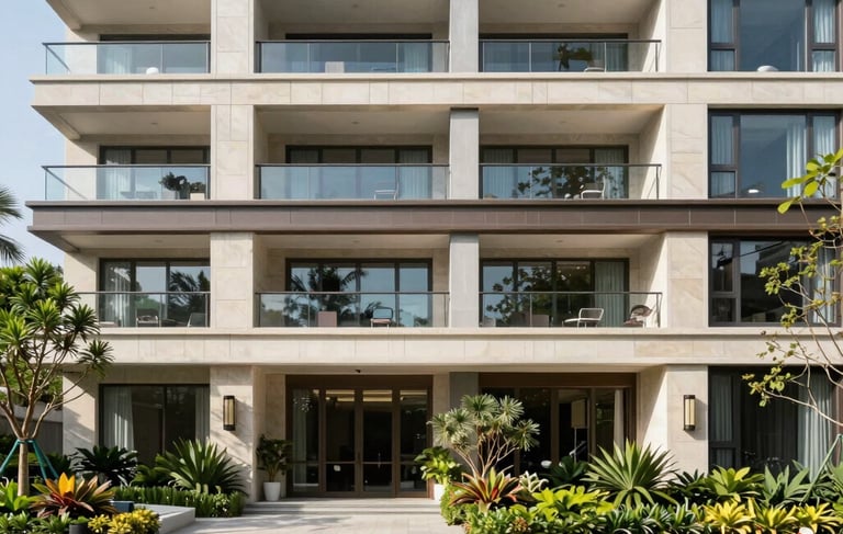 Modern luxury apartment building facade with stone exterior, spacious balconies, and lush tropical landscaping.