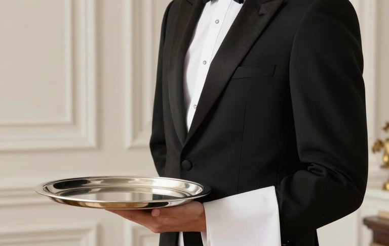 A sophisticated North American indoor scene featuring a professional server in a sharp black tuxedo with a crisp white shirt, holding a polished silver tray. The lighting is soft and elegant, highlighting the clean lines of the uniform against a background of refined off-white architectural details. High-end editorial photography style.