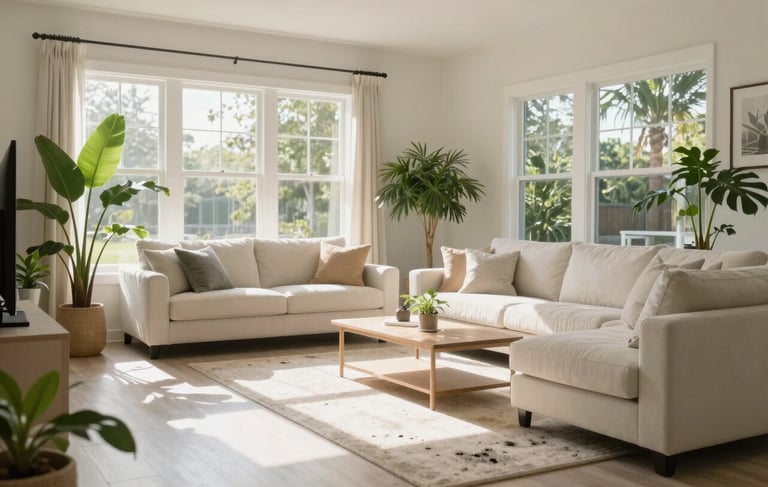 A high-quality professional photograph of a bright, sunlit modern living room in a North American / Floridian home, reflecting a clean and healthy environment after mold remediation. Soft morning light enters through large windows, highlighting fresh green plants and off-white furniture, symbolizing a safe and restored space.