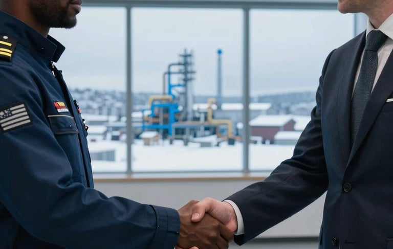 Close-up photography of a professional handshake between a black man in a high-tech naval engineering suit and a blonde man in corporate attire. The background is a minimalist, modern office in Oslo with large windows overlooking a snowy industrial landscape with blue gas infrastructure. Cool azure blue and slate gray lighting. Europeu do Norte / Escandinavo / Russo style.
