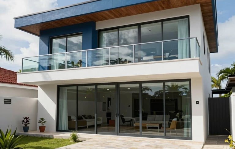 A high-end architectural photograph of a recently completed residential renovation in the Caribbean. The shot features a modern Jamaican home with clean slate-blue accents, large glass panels reflecting a bright sky, and a professional stone driveway in Green Island.
