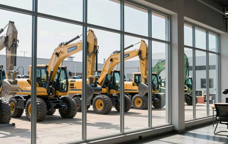A crisp, high-end commercial photograph of a clean industrial equipment showroom in North American / US. Large glass windows reveal heavy construction machinery parked neatly outside in the sunlight. The interior is modern and professional, with light steel blue and slate gray accents, conveying a sense of expertise and corporate reliability.