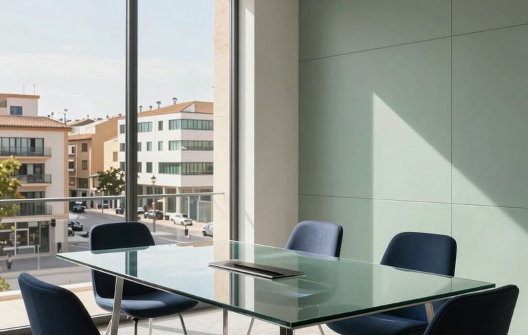 A high-end, modern office interior in the Iberian Peninsula, featuring a minimalist glass meeting table and sophisticated navy blue and sage green accents. Natural sunlight filters through large windows overlooking a contemporary Spanish urban district. Professional, clean, and trustworthy atmosphere.