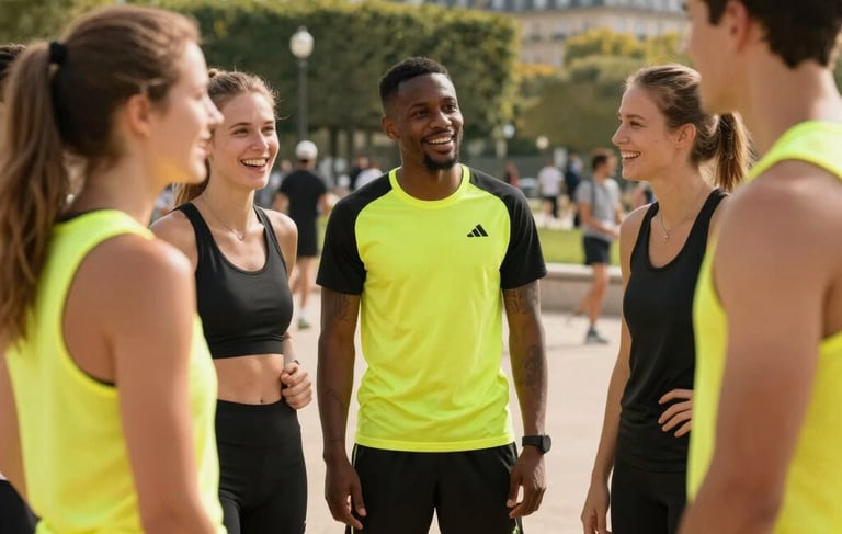 A dynamic group of young active adults wearing sporty outfits with bright yellow details, talking and laughing together in a modern urban park setting in Paris, France. High-quality lifestyle photography, natural afternoon light, community energy.