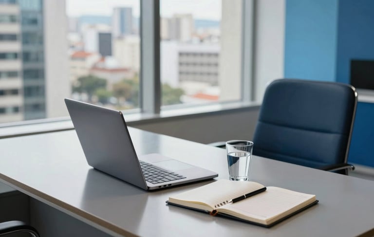A high-angle professional photograph of a clean, modern office desk in a South American corporate building. A sleek laptop, a notebook, and a glass of water sit on a polished surface. The lighting is bright and natural, reflecting efficiency. Palette accents in steel blue and light blue are visible in the decor. Brazilian urban architecture through a large window.
