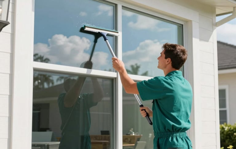 A crisp, sunlit commercial photography shot of a clean North American home exterior in Gainesville, Florida. A professional window technician in a clean teal uniform is methodically cleaning a large, multi-pane window with a squeegee. The glass is incredibly transparent, showing a reflection of bright blue sky and fluffy white clouds. The setting is bright and professional, highlighting modern architecture and a well-maintained garden.
