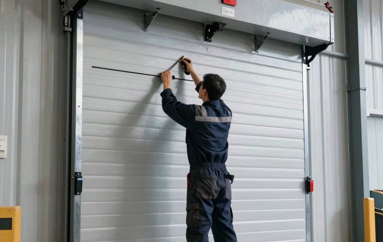 A detailed professional photograph of a technician installing a heavy-duty industrial roll-up door in a North American warehouse. The lighting is bright and industrial, highlighting the metallic textures of the silver door and the dark navy work gear of the professional. The composition is a medium shot focusing on the precision of the installation, conveying reliability and modern expertise.