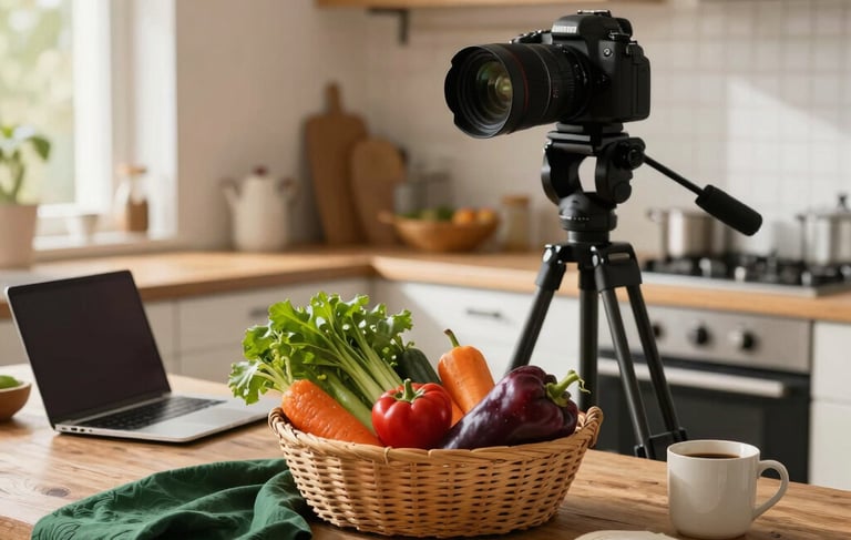 A professional photography setup in a sunlit North American / European studio kitchen. A camera on a tripod is focused on a vibrant basket of local farm vegetables on a rustic table. The scene includes a laptop, notebook, and a coffee mug. Palette accents include Matte Forest Green textiles and Deep Ripe Crimson vegetables.